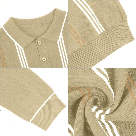 Men's Knit Polo Sweater Long Sleeve Striped Thermal Button Collar Sweater Khaki - Picture 4 of 7